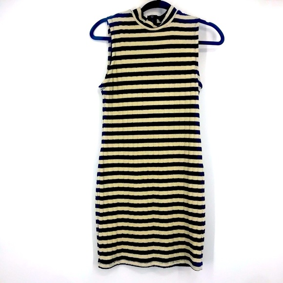 Forever 21 Ribbed Striped Bodycon Dress Mock Neck Black Cream Minimalist Chic M - Picture 2 of 9